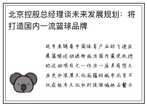 北京控股总经理谈未来发展规划：将打造国内一流篮球品牌