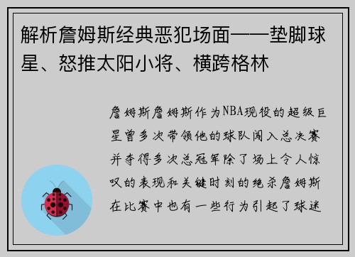 解析詹姆斯经典恶犯场面——垫脚球星、怒推太阳小将、横跨格林