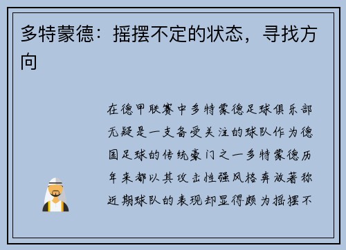 多特蒙德：摇摆不定的状态，寻找方向