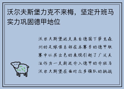 沃尔夫斯堡力克不来梅，坚定升班马实力巩固德甲地位