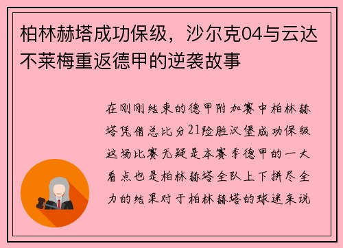 柏林赫塔成功保级，沙尔克04与云达不莱梅重返德甲的逆袭故事